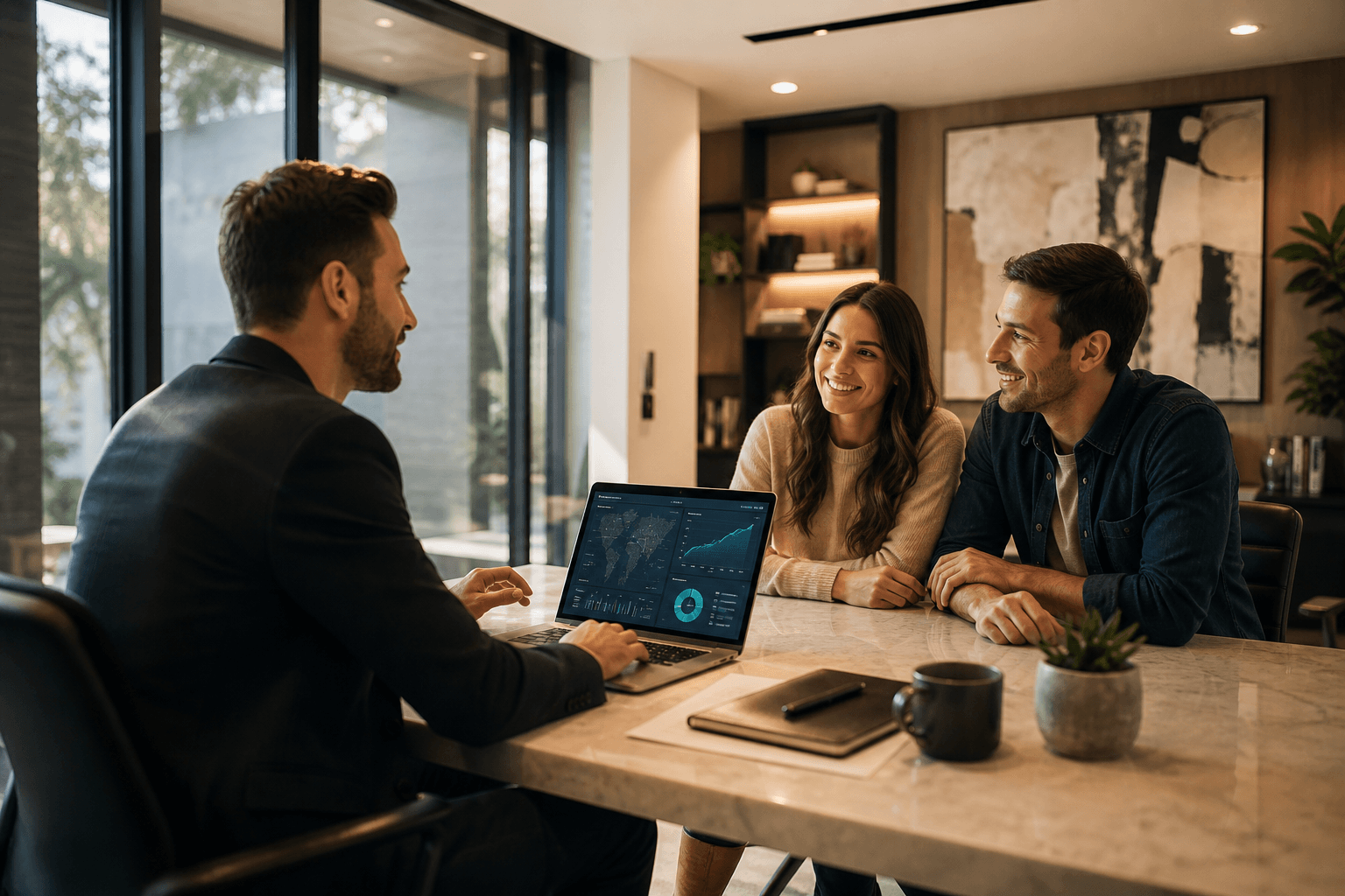 Real estate agent using AI tools with homebuyers in a modern office