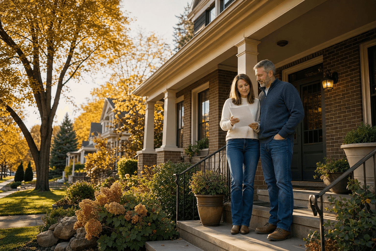 Couple reviewing home insurance documents on porch
