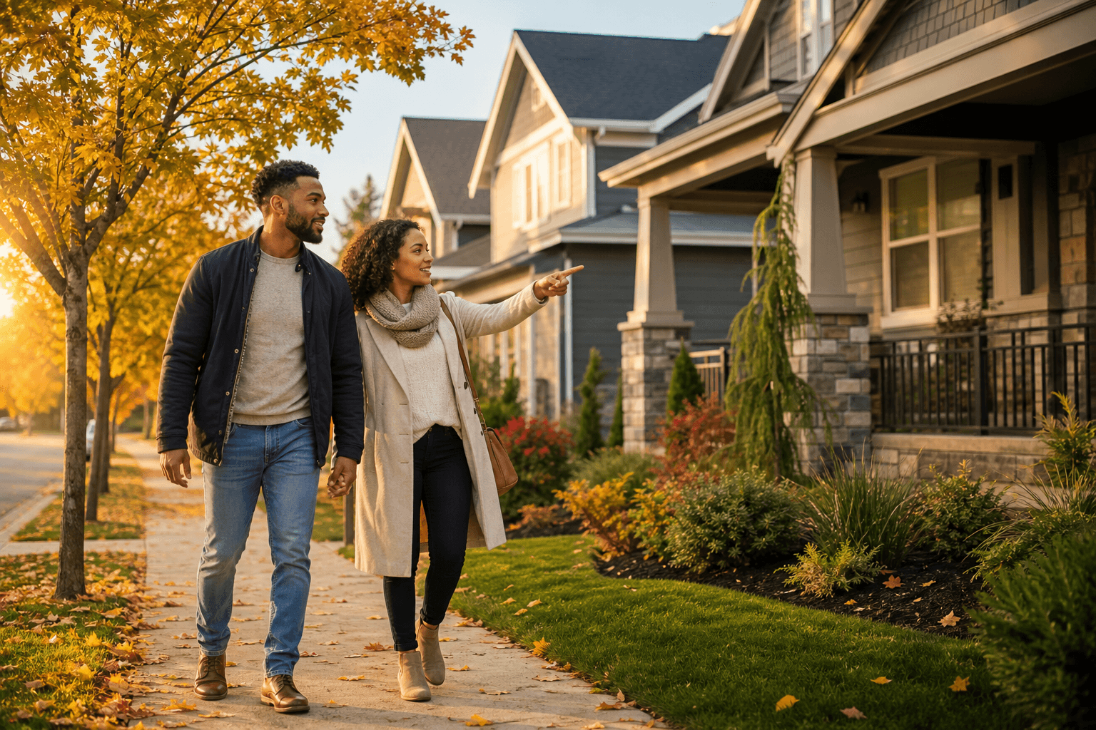 Couple touring new construction homes in fall