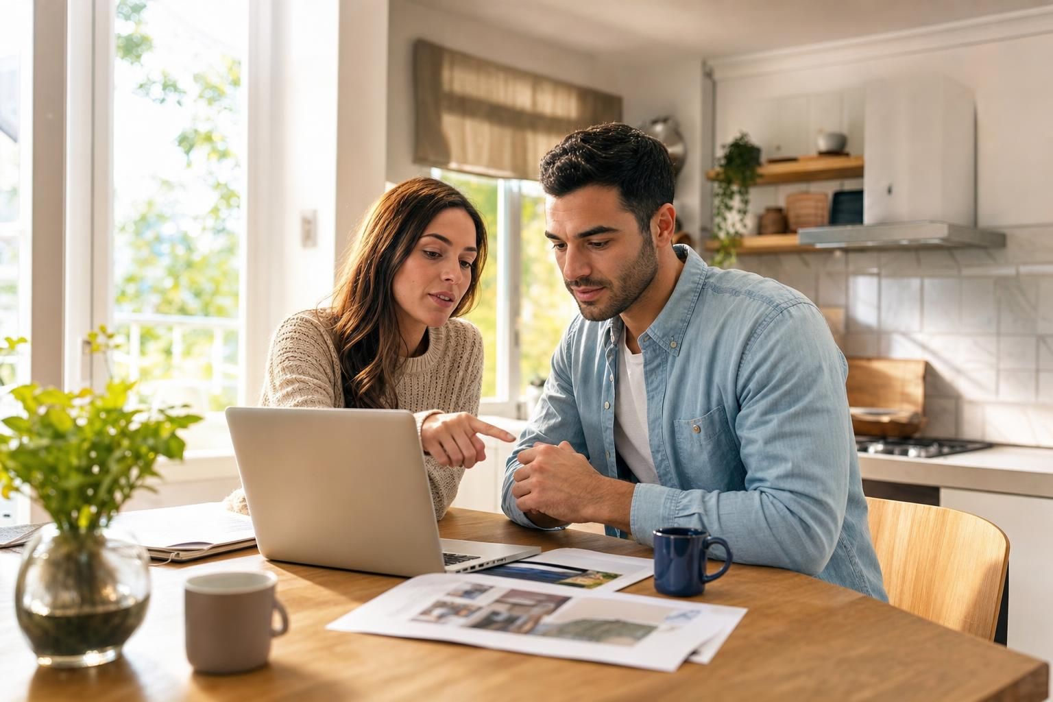 Couple reviewing mortgage documents at kitchen table
