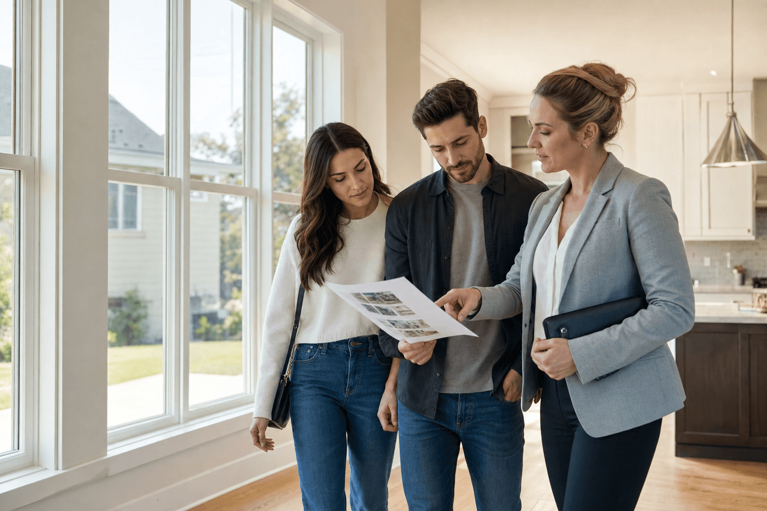 Home sellers and buyers reviewing a listing with their real estate agent