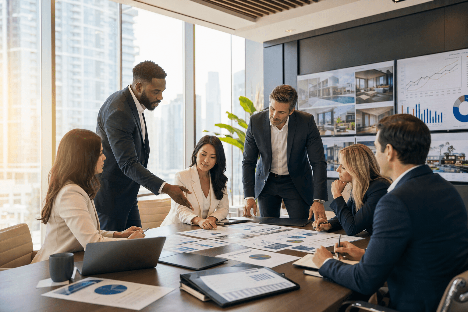 Real estate agents reviewing market data